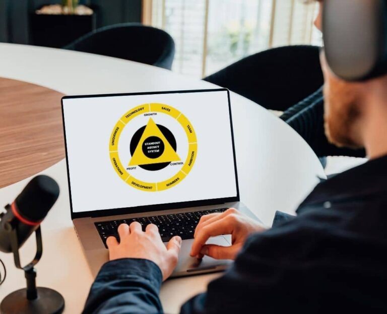 Callum Healey, AI lead at Agents of Change, presenting the STANDOUT Agency System framework on a large screen. The diagram features the core pillars of Profit, Growth, and Control. This image serves as the hero for the agency's strategic approach page.