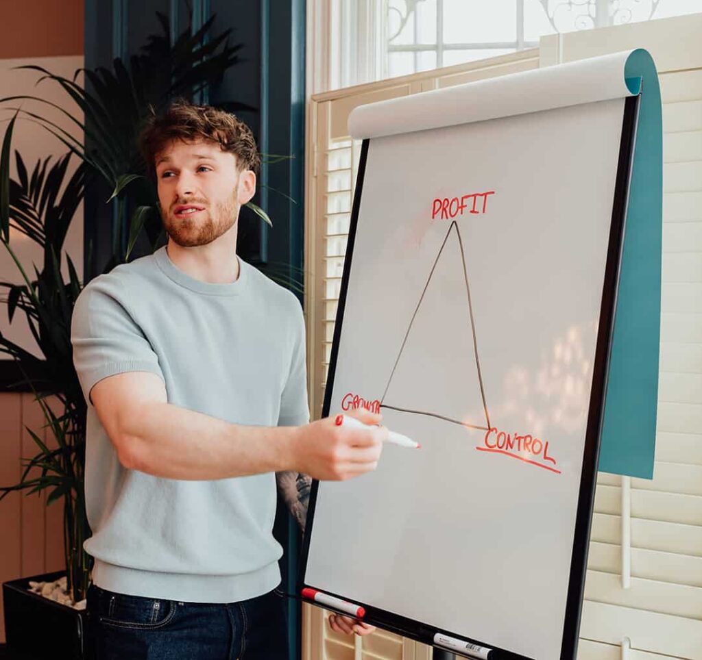 Callum Healey, AI lead at Agents of Change, drawing a triangle on a flipchart representing Profit, Growth, and Control. This image illustrates the diagnostic framework used to identify structural weaknesses and strategic sequencing in marketing agencies.
