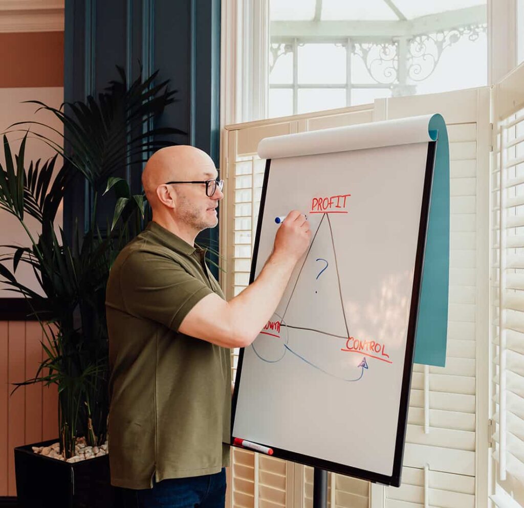 Gareth Healey, an agency advisor with 30 years experience, drawing a strategic business triangle on a flipchart. The diagram labels the three pillars of his consultancy: Profit, Growth, and Control. Gareth is wearing a green polo shirt and glasses in a bright office setting.